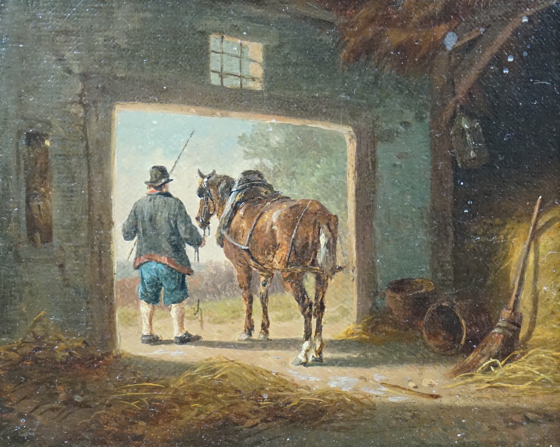 Attributed to Eugene Verboeckhoven (Belgian, 1798-1881), pair of oils on canvas laid on board, Horse and rider entering and leaving a stable, 12 x 14.5cm
